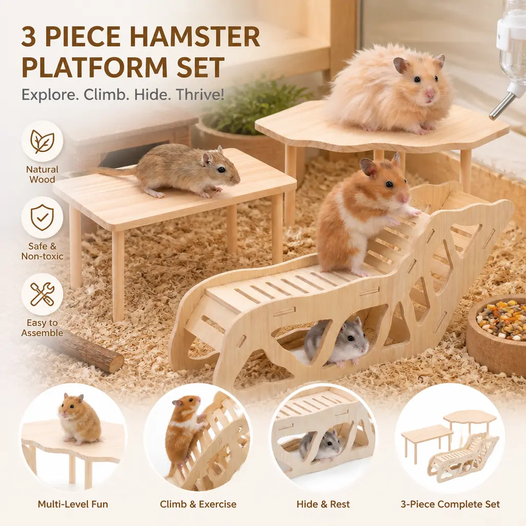 3-Piece Wooden Hamster Platform Set with Tunnel Hideout - Tool-Free Natural Cage Accessory, Includes Food/Water Stations, Climbing & Burrow Spot for Dwarf, Syrian Hamsters, Three Pieces