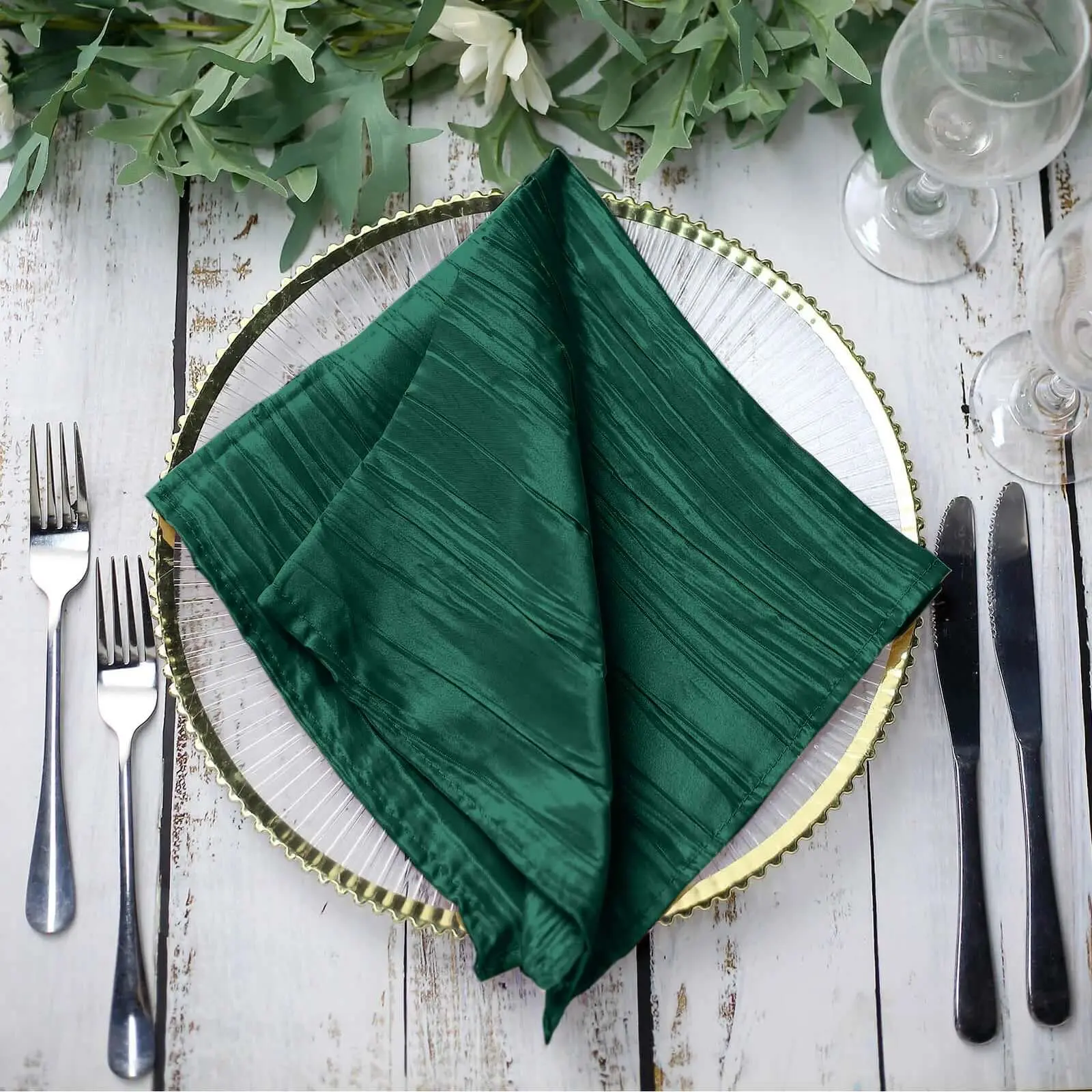 5-Pack Hunter Emerald Green Taffeta Square Cloth Napkins - 20"x20" Accordion Fold Tableware, Hand Wash & Hang Dry for Birthday, Event Use, Event Tableware