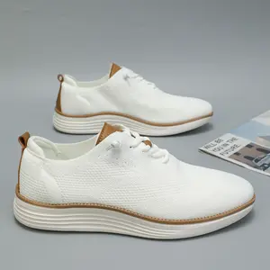 Men's Casual Knit Sneakers Breathable Mesh Walking Shoes - Lightweight Grey Lace-Up Shoes with Thick White Sole & Brown Trim - Comfortable Fashion Athletic Footwear for Daily Work, Travel & Gym Running Runner Closed Training Trainer Boy