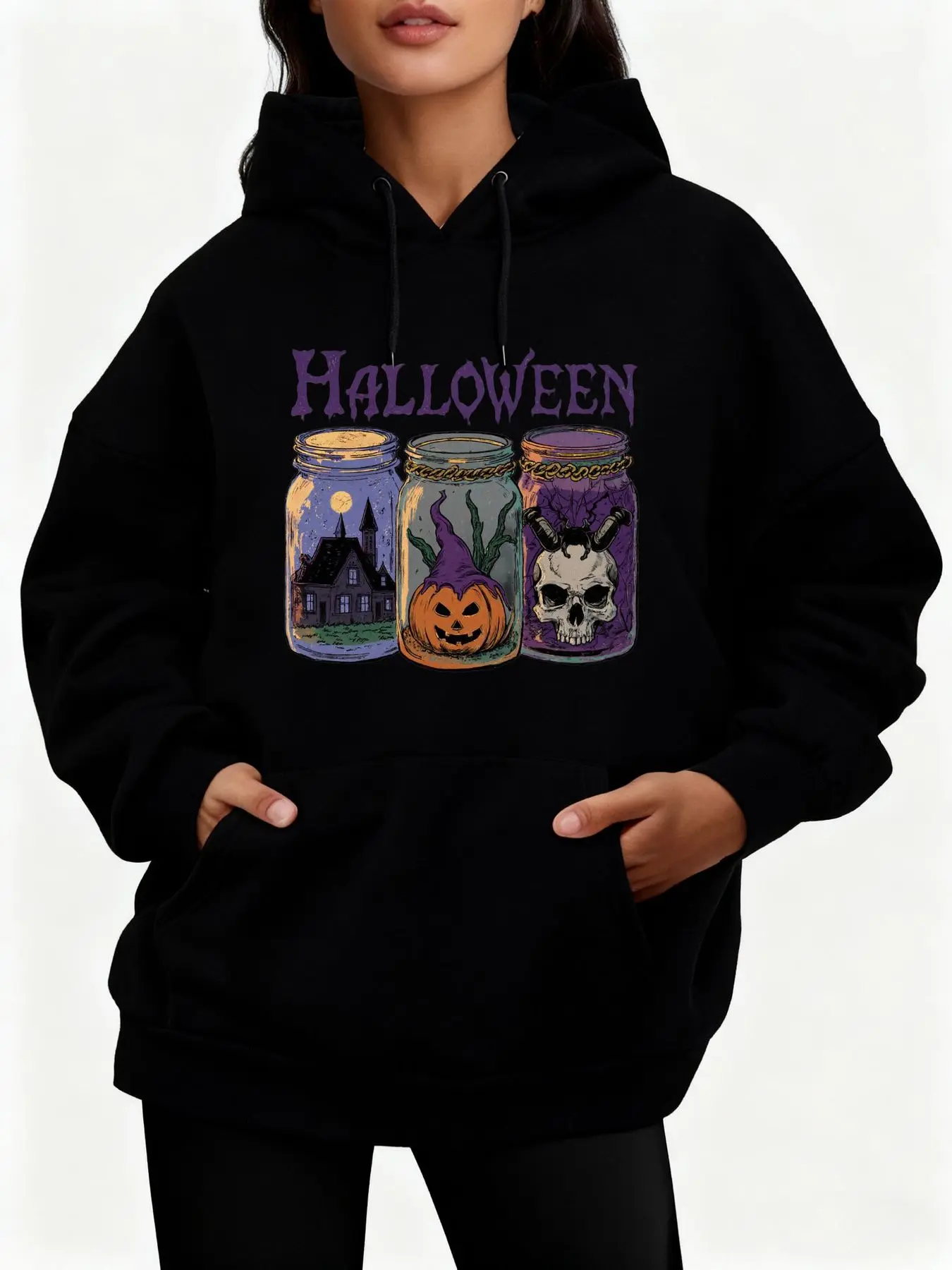 Halloween Hoodie | Black with ' for halloween' Bold Purple Letters & Colorful Mason Jars - Jack-o'-lantern, Skull, Moonlit House Design, Casual Front Pockets Hooded Sweatshirt - Perfect for Halloween Parties & Festivals Adjustable Breathable