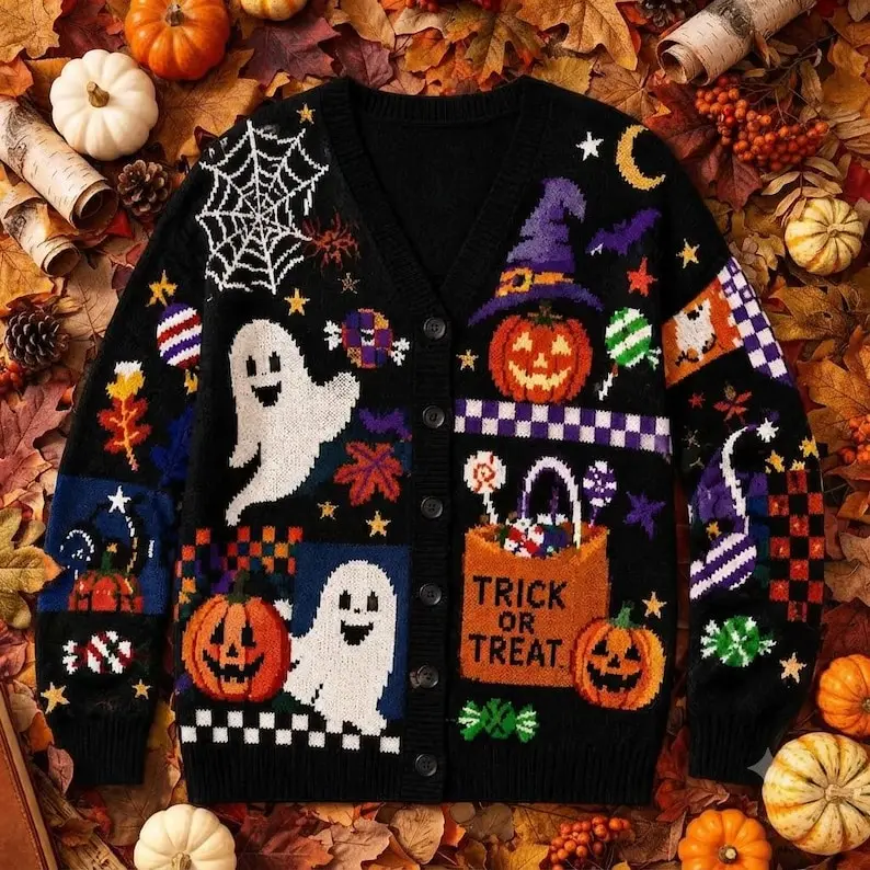 Trick Or Treat Halloween Cardigan, Pumpkin Cardigan, Retro Pumpkin Cardigan, Happy Fall Sweatshirt , Holiday apparel, Boo clothing