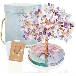 7 Chakra Healing Crystals Stones Tree, Amethyst, Pink Crystal, Aquamarine Leaf Wire Wrapped on Agate Slice Base, Home Office Desk Living Room Feng Shui Decoration for Luck