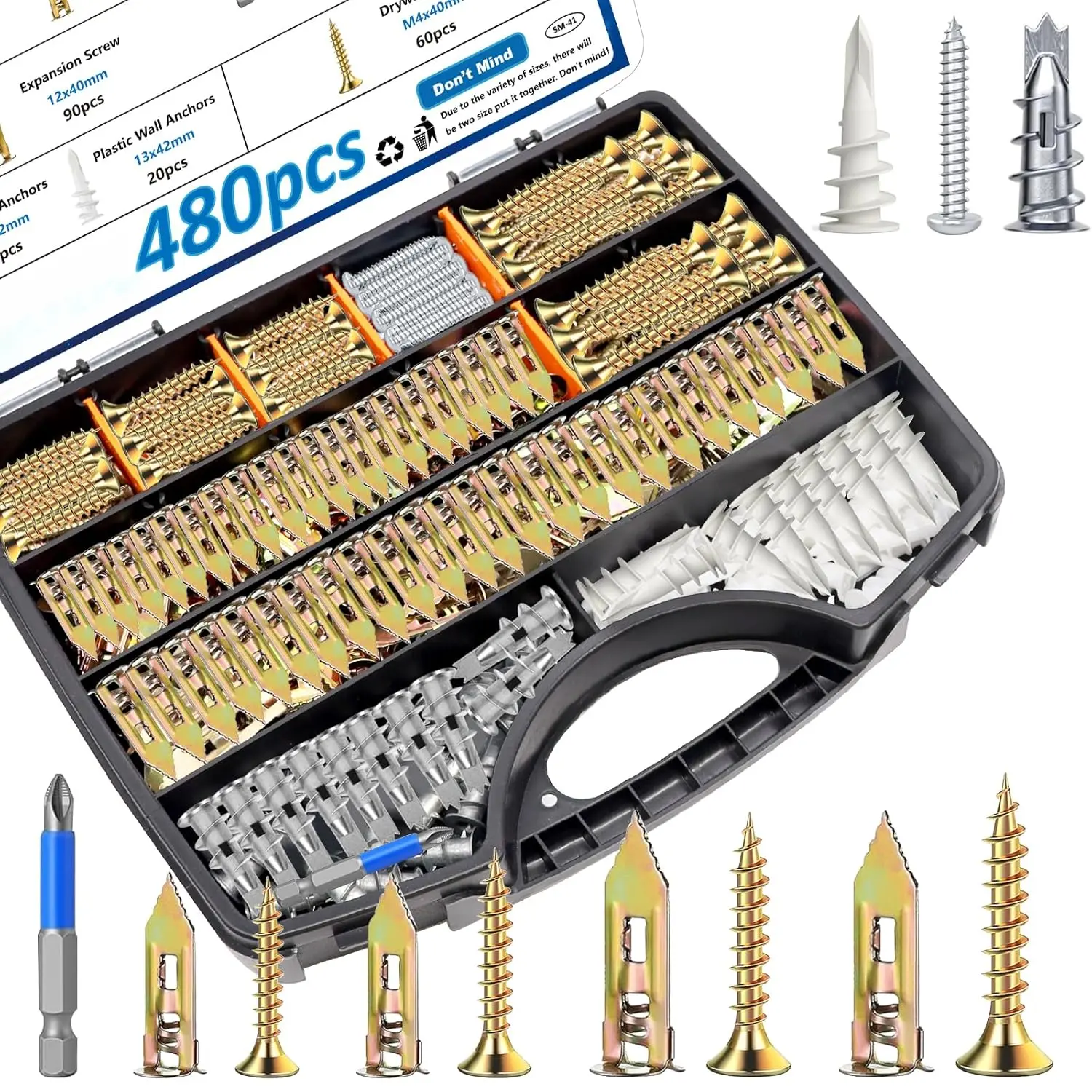 480 count Self Drilling Drywall Anchors 4-Sizes Zinc Plated Steel and Plastic Sheetrock Anchors and 5-Sizes Self Drilling Anchor Screws  for Hanging Picture Frames, Curtains, , Clocks
