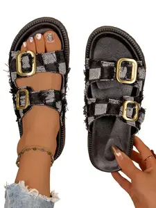 2026 New Arrival Checkered Denim Two-Strap Slides, Women's Adjustable Buckle Platform Sandals Summer, Comfortable for All-Day Wear & Travel