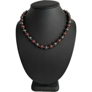 Magnetic Black Burgundy Red Hematite 10mm Beaded Ball Chain Necklace with Screw Barrel Clasp, Stylish Design for Stress Reduction and Well-Being
