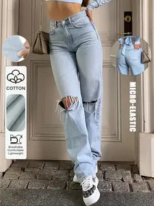 Women's Plain Ripped Jeans, Casual Comfy Denim Pants for Daily Wear, Ladies Bottoms for Summer