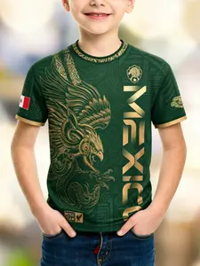 Mexico Golden Eagle Aztec Warrior Retro Soccer Jersey T-Shirt, Slim Fit Short Sleeve, Vibrant Full Print Design, All Seasons, Kids & Teens