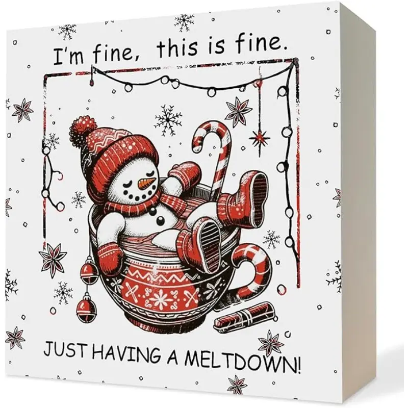 Funny Winter Christmas Snowmen Hot Cocoa Wooden Box Sign, Winter Melting Snowman Wood Block Plaque Signs Decor Gifts for Women Men Home Office Desk Table Shelf Decor, 5x5 Inch