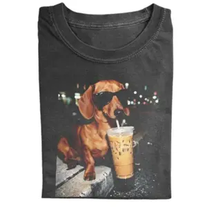 Vintage Dachshund Iced Coffee Shirt, Funny Sausage Dog Sunglasses Tee, Cute Puppy Coffee Lover Graphic Tee, Trendy Aesthetic Pet Lover T-Shirt, Gift for Men, Gift for Women