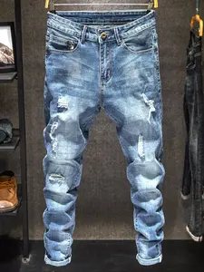 Men's Light Wash Distressed Ripped Fitted Denim Jeans, Trendy American Street Style, Perfect Gift for Husband or Boyfriend