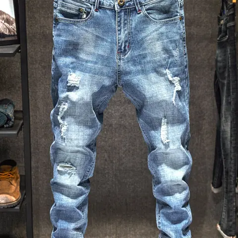 Men's Light Wash Distressed Ripped Fitted Plain Denim Jeans, High Street Denim, Trendy American Street Style, Perfect Gift for Husband or Boyfriend, Streetwear Pants