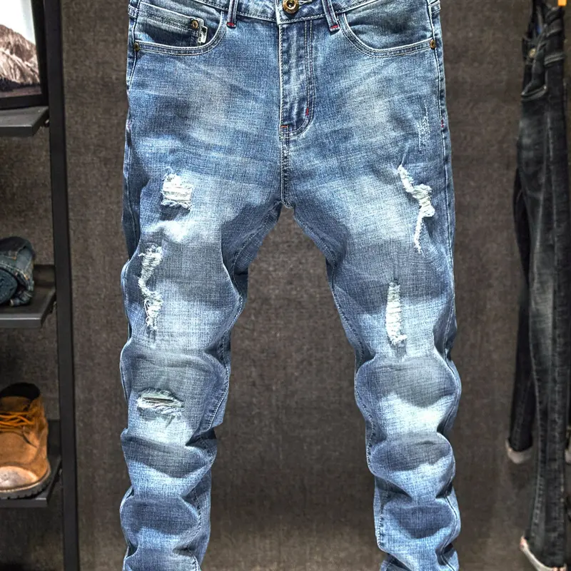 Men's Light Wash Distressed Ripped Fitted Plain Denim Jeans, High Street Denim, Trendy American Street Style, Perfect Gift for Husband or Boyfriend, Streetwear Pants
