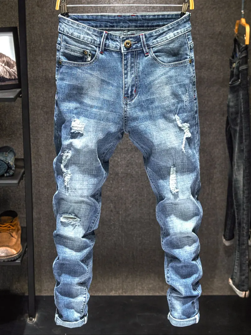 Men's Light Wash Distressed Ripped Fitted Denim Jeans, Trendy American Street Style, Perfect Gift for Husband or Boyfriend