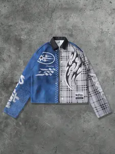 Men's Patchwork Flame Plaid Checked Fitted Casual Fashion Jacket Long Sleeve, Streetwear Trendy Outerwear, Unique Sparkle Design, Ideal for Street Style, Outdoor, Daily Wear