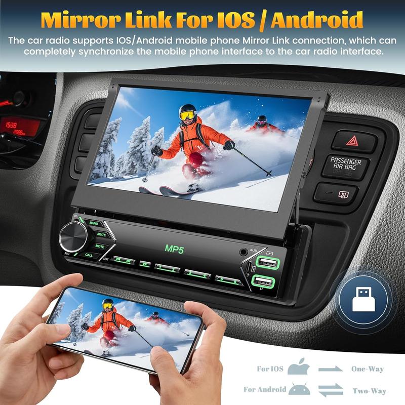 Car Radio 1Din with Retractable Screen,7inch Manual Retractable Display 1 Din Radio with Bluetooth Handsfree FM Type-C 2USB AUX Mirror Link SWC Rear View Camera、No carplay and no android auto、automotive