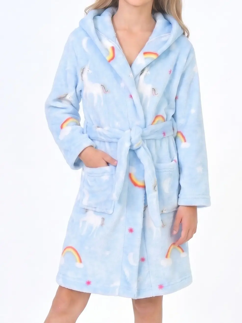 Kids' Hooded Dressing Gown - Soft Plush Flannel Hooded Bathrobe with Unicorn, Rainbow Prints, Cloud Design, Pockets, Long Sleeves, Adjustable Fit, Polyester Print Sleepwear for Boys and Girls, Clouds