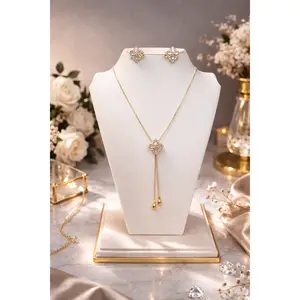14K Gold Plated XP 4Prin-Floral Lariat Necklace & Stud Earring Set