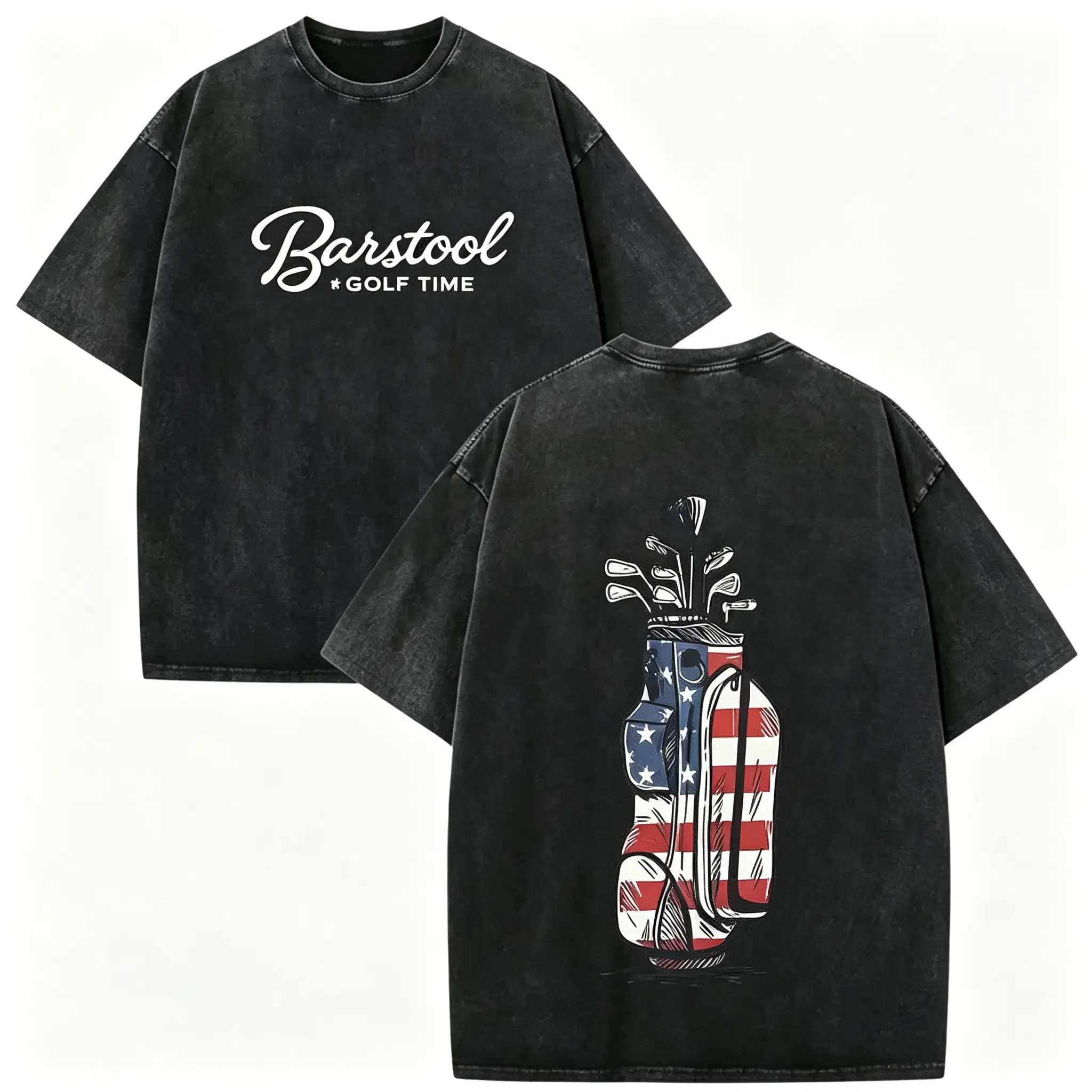 Men's Vintage Washed 230g Cotton T-Shirt - Double-Sided Golf Flag & Patriotic Clubs Print, Loose Fit Round Neck Short Sleeve