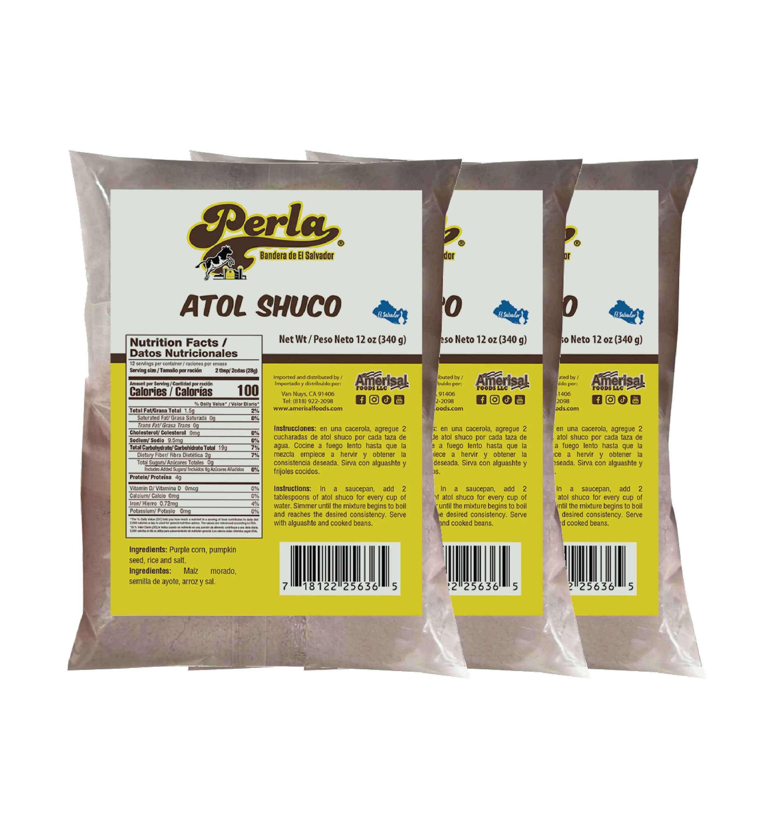 Perla Atol Shuco Traditional Powdered Drink Mix - 12 oz, Pack of 3