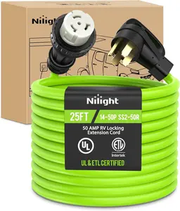 Nilight 25FT 50 Amp RV Locking Extension Cord 250V Heavy Duty 6/3+8/1 Gauge Pure Copper STW Wire UL ETL Listed 4 Prong 14-50P SS2-50R Weatherproof Suit for Camper Caravan Trailer Bright Green