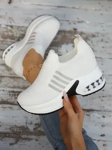 Women's Flyknit Cushioned Thick Sole Shoes, Slip-On Breathable Mesh, Casual Commuter All Season Footwear