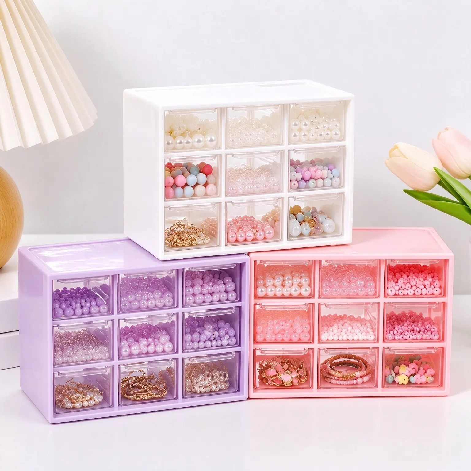 Desktop Storage Box,Clear Jewelry Storage Box,Mini Desktop Jewelry & Makeup Storage with Transparent Drawers, Stackable Plastic Vanity Organizer for Beads, Crafts, Hair Accessories