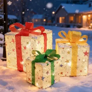 Three Sets of Christmas Night Light Exquisite Decorative Lights, Detachable Gift Box and Lamps (Battery/USB Dual Use) Christmas Decorations, Red Bow Gift Box Suitable for Indoor, Living Room, Courtyard, and Valentine's Day Gifts