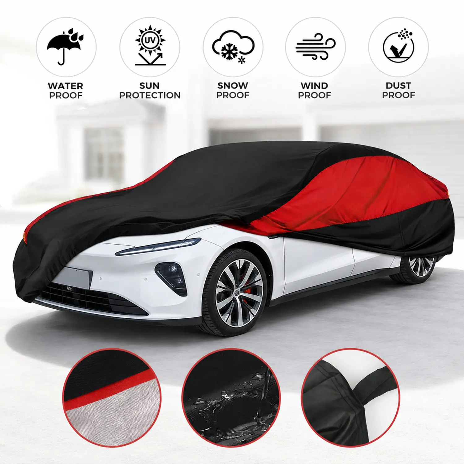170T Fabric Lightweight Large Waterproof Car Covers & Shelters - All Weather, Multi-Layer, Windproof, Dustproof, Sun Protection for Sedan & SUV, Black & Red, Tree Debris Defense, Nighttime Safety, Daily Use, Father's Day Gift Option, Striped, Multi-Protec