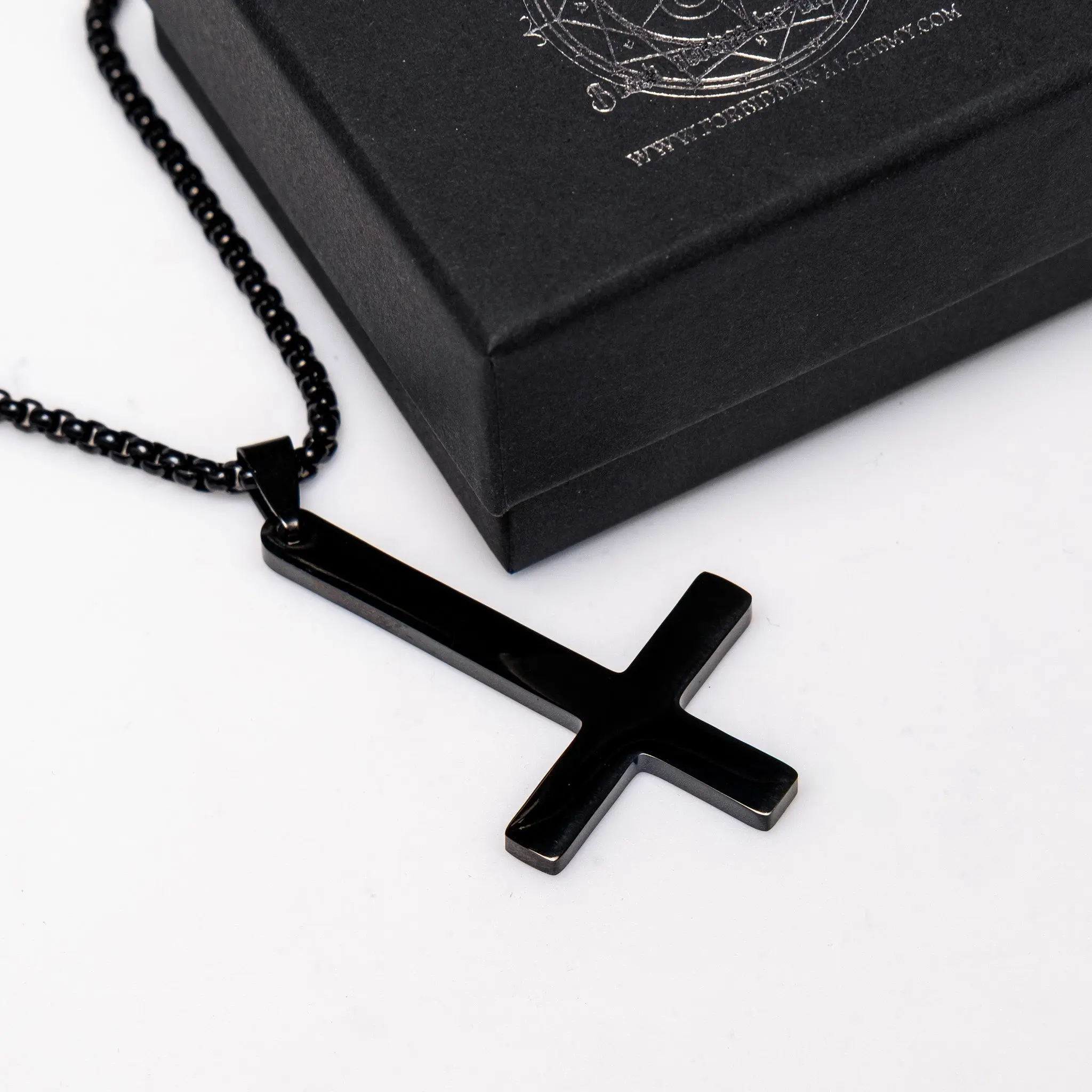 Upside Down Cross Necklace - Sturdy Black Alloy Steel, 20-Inch Double-Linked Black Chain, Unique Gothic-Inspired Accessory
