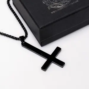 Upside Down Cross Necklace - Sturdy Black Alloy Steel, 20-Inch Double-Linked Black Chain, Unique Gothic-Inspired Accessory