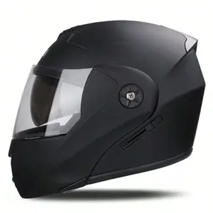 Matte Black Motorcycle Flip Up Helmet With Transparent Visor, For All Seasons