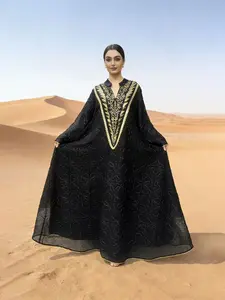 Middle East Trendy Muslim Women's Long Robe Dress, Lace Embroidery Sequins Patchwork, High-End Dubai Abaya for Outdoor Parties, Abayas for Eid