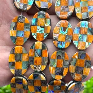 Spiny Oyster & Abalone Shell Beads - Oval 15X20mm - Native American Style - Double-Sided Reversible (Handcrafted Square-Mosaic Inlay Artistry with Meticulous Workmanship) DIY Jewelry Making