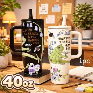 1 Pc 40oz insulated mug, Stainless, frog and floral nature aesthetic print, cottagecore woodland style tumbler, double wall vacuum cup, leak proof lid, large capacity thermal mug, keeps hot 12 hours cold 24 hours, gift for women men, reusable