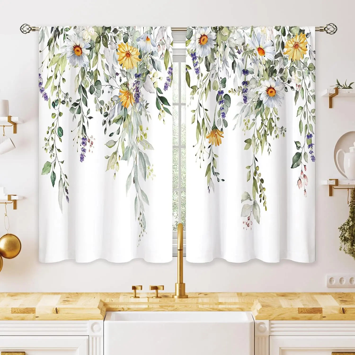 Vintage Rustic 2-Panel Floral Plants Curtains - Eucalyptus Leaf Daisy Sunflower Design, 27.5x39 in Farmhouse Tier Drapes, UV Protection, Wrinkle Resistant, 50% Room-Darkening, Do Not Bleach for Kitchen, Bathroom