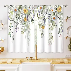 Botanical Curtains, Eucalyptus Leaf & Daisy Sunflower Floral Design, 27.5x39 in Farmhouse Tier Drapes for Kitchen Window Over Sink & Bathroom Small Treatment Cafe Short Curtains