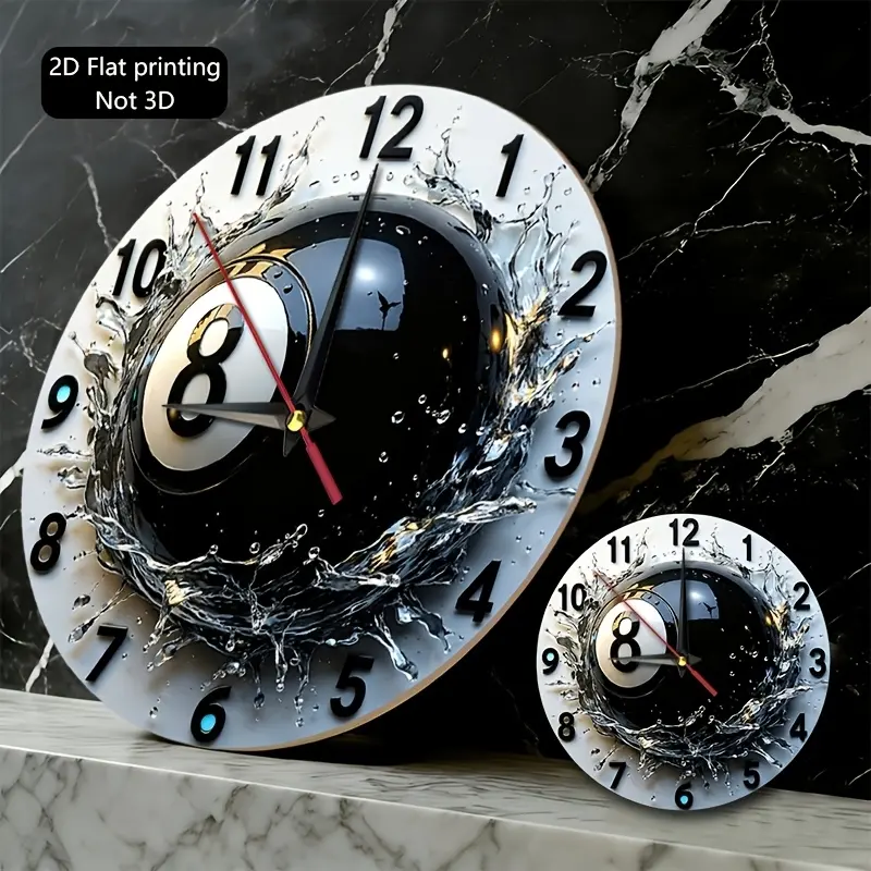 Single piece, two-dimensional wall clock, featuring an 8-ball splash design, ideal for Home Decor, decorating game rooms, bars, men's private spaces, pool halls, and leisure areas