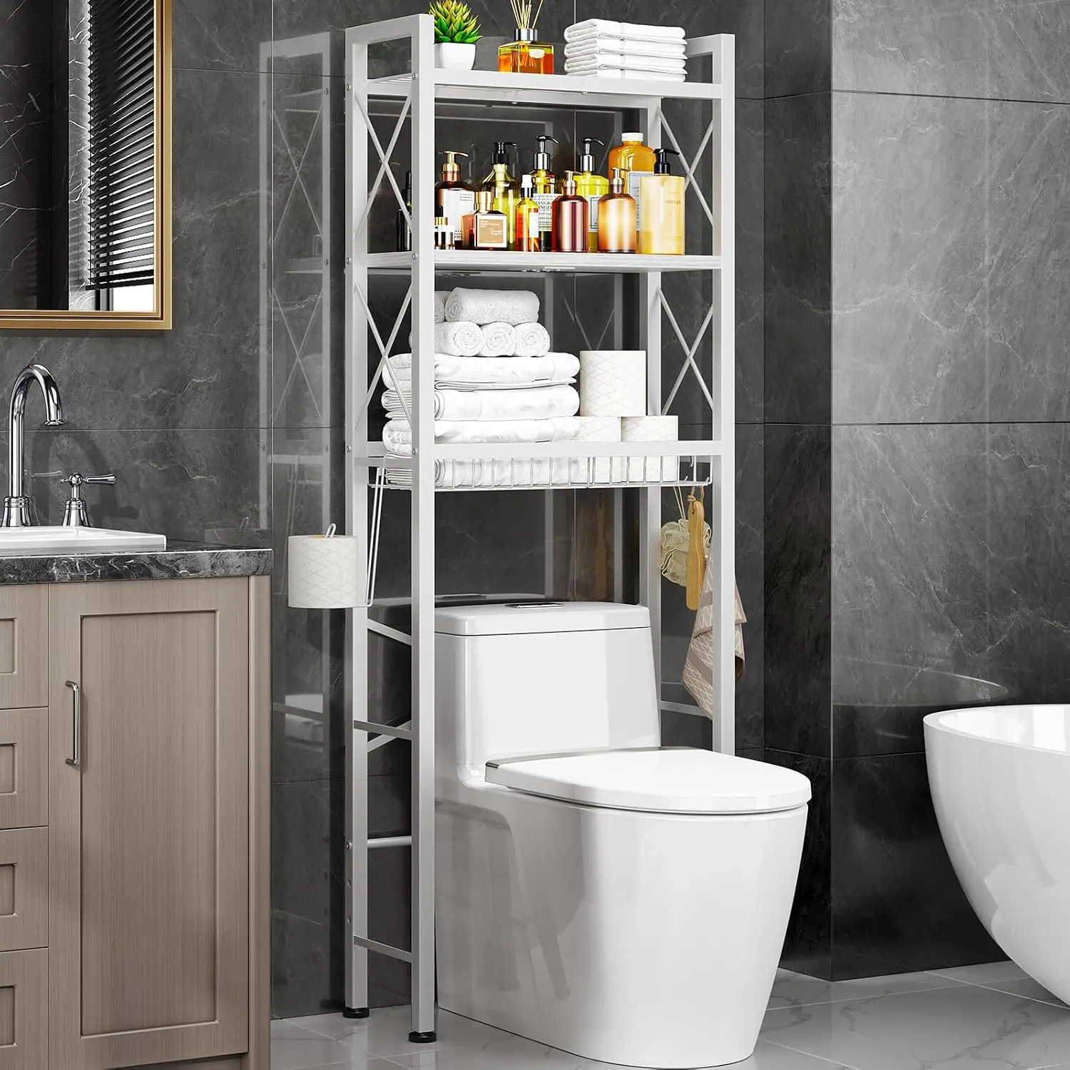 Steel Modern Bathroom Standing Storage Rack - 3/4 Shelves, Stable Space-Saver Organizer for Toiletries, Towels in Small Bathrooms, Compact Space Solution