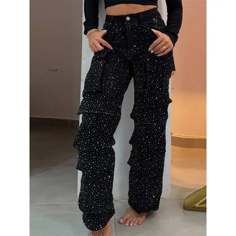 Women's Plus Size Cargo Jeans, Comfortable Baggy Pants with Sparkling Rhinestones and Cargo Pockets for Casual Streetwear and Daily Wear, Baggy Trousers, Baggy Cut