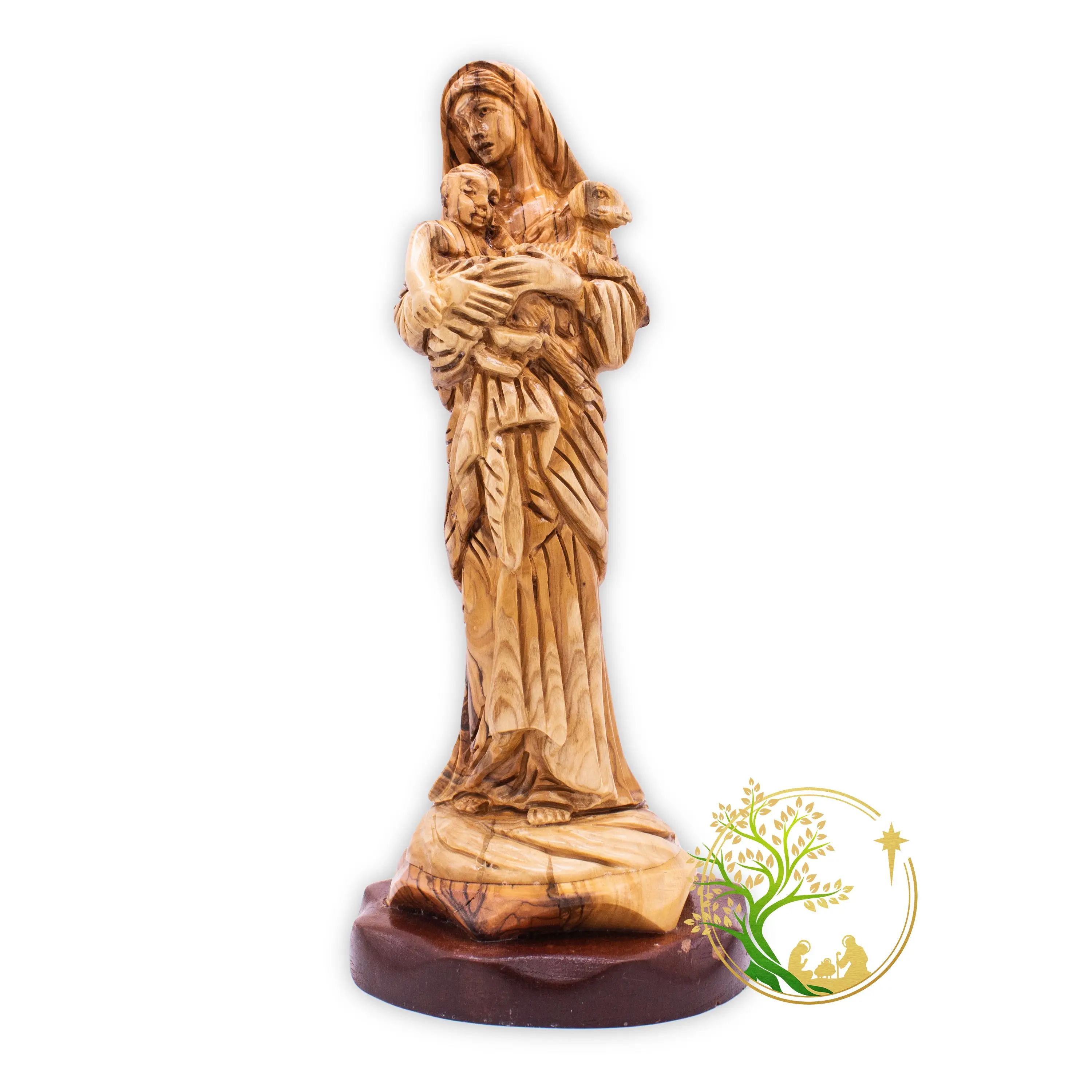 Religious Statue of Virgin Mary Holding baby Jesus & Lamb | Olive wood Holy Land religious figurine Decor Gift Wooden