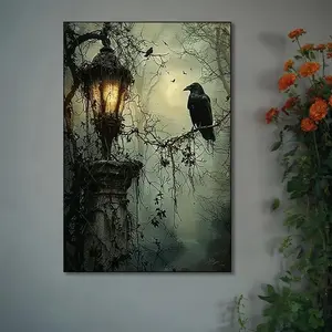 Gothic Raven and Lantern Wall Art Canvas Print - Frameless Oil Painting Style Poster for Home, Office, Living Room, Bedroom Decor Artistic - For Art Lovers & Gothic Decor Enthusiasts - Perfect Gift for Halloween & Home Decor Decoration Ornaments Photo