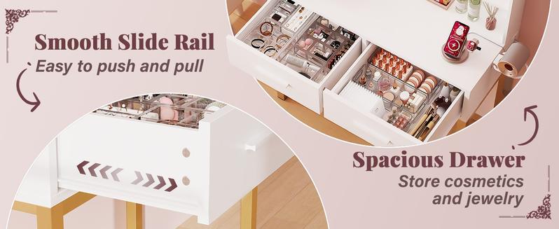 Furmax Vanity Desk with Mirror and LED Light Bulb, Small Makeup Vanity Table with Drawers, Dressing Table with Power Outlet and Hair Drayer Holder for Bedroom