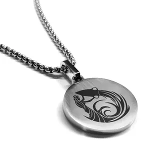 Stainless Steel Tribal Aquarius Zodiac (Water Bearer) Round Medallion Pendant