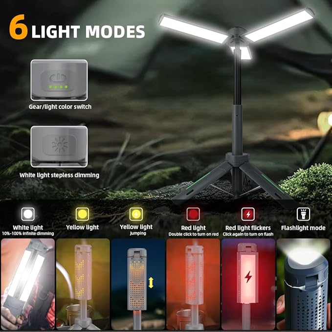 Rechargeable 8000mAh Retractable Camping Light, High Lumen Work Light with 3 Adjustable LED Lamp Heads and Dimmable Brightness, Equipped with 3.4-Foot Tripod β Must-Have for Camping, Ideal for Garage Use, Emergencies, BBQs, Gatherings and Festival Gifts Rechargeable 8000mAh Retractable Camping Light, High Lumen Work Light with 3 Adjustable LED Lamp Heads and Dimmable Brightness, Equipped with 3.4-Foot Tripod β Must-Have for Camping, Ideal for Garage Use, Emergencies, BBQs, Gatherings and Festival Gifts