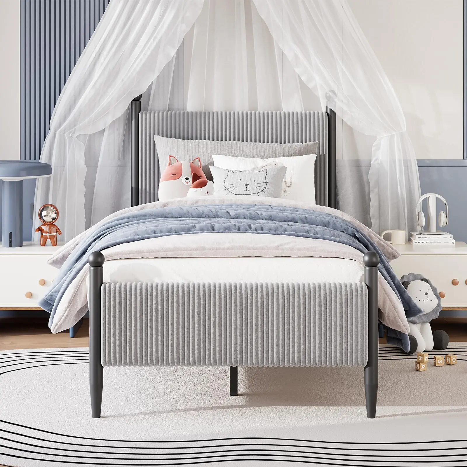 Garvee Retro Quiet Durable Twin Grey Velvet Upholstered Single Bed Frame, Vertical Stripe Headboard, Metal Legs, 800 lbs Capacity, No Box Spring Needed, Easy Assembly, Ideal for Dorm, Guest Room