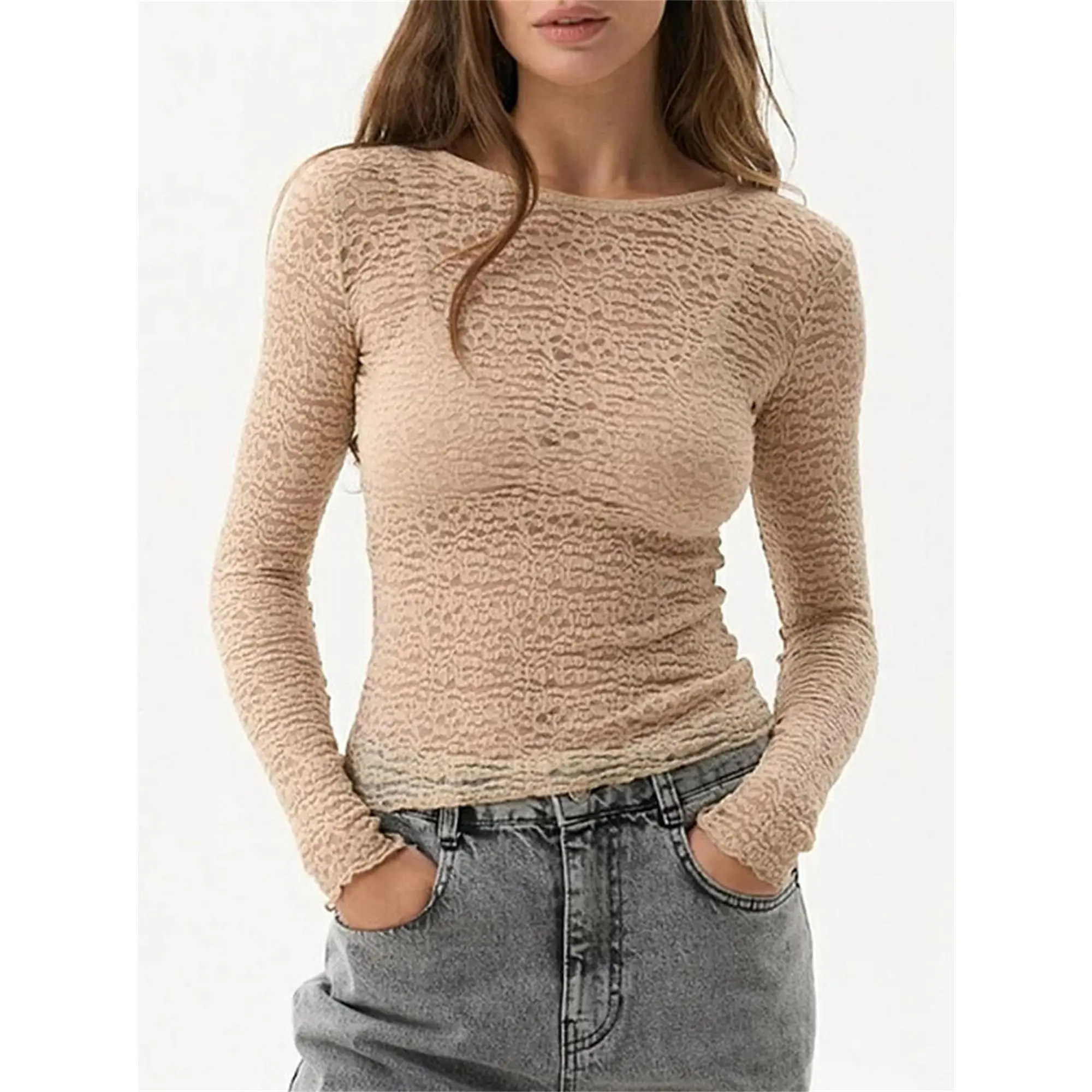 Casual Sheer Knit Blouse Top for Women, Solid Color Longsleeve Round Neck Slim Fit for Casual Wear