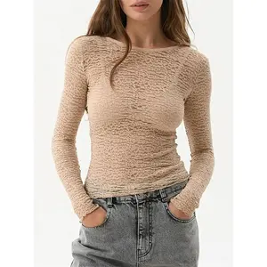 Women's Sheer Lace Blouse - Slim Fit, Long Sleeve, Round Neck, Solid Color, High Stretch Polyester, Machine Washable - Casual Streetwear Top