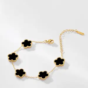 Clover Bracelet with Black Clover Pendants and Gold-tone Chain