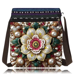 1-piece diamond painting kit messenger bag flower pattern canvas material inlaid with round special-shaped crystal gemstone embellishment mosaic craft is suitable for carrying and storing all kinds of items when going out and playing.