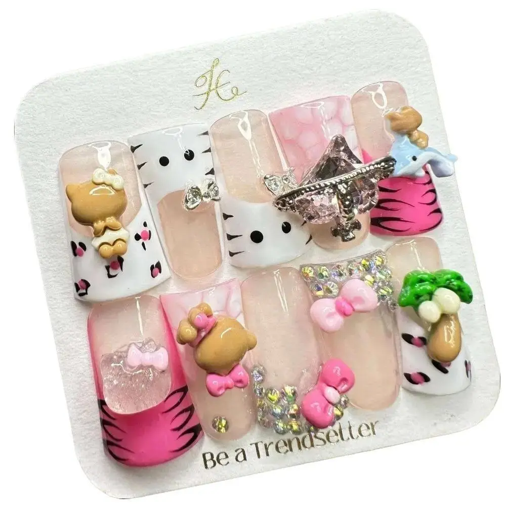 E72 Handmade Long Diamond Detachable Armor Press On Nails - Bright Color Cute Unisex Novelty Designs, Easy Paste Nail Sets with Box & Sheet, Ideal for Daily Life, Parties, Gifts